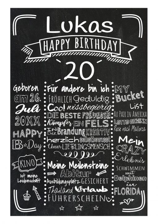 Meilensteintafel Chalkboard 20. Geburtstag Geschenk Personalisiert Mann Frau Geburtstagstafel Retro Stripes