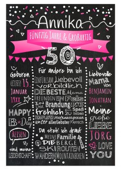 Meilensteintafel Chalkboard 50. Geburtstag Geschenk Personalisiert Geburtstagstafel Frau Mann Pink Klassik