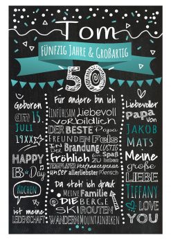 Meilensteintafel Chalkboard 50. Geburtstag Geschenk Personalisiert Geburtstagstafel Frau Mann Türkis Klassik