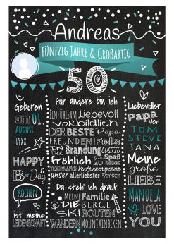 Meilensteintafel Chalkboard 50. Geburtstag Geschenk Personalisiert Geburtstagstafel Frau Mann Türkis Klassik Foto