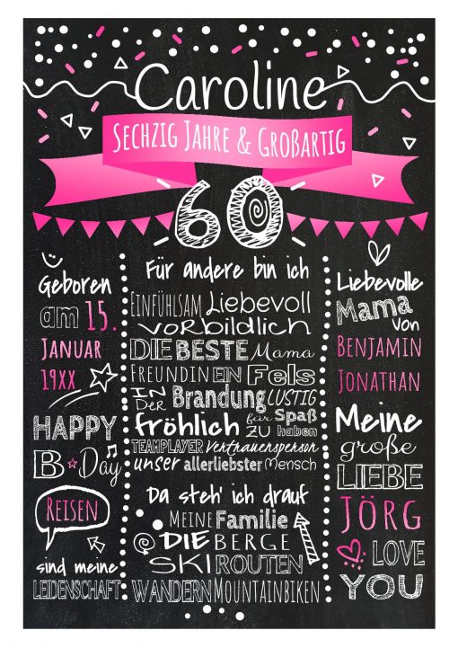 Meilensteintafel Chalkboard 60. Geburtstag Geschenk Personalisiert Geburtstagstafel Frau Mann Pink Klassik