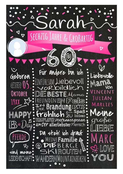 Meilensteintafel Chalkboard 60. Geburtstag Geschenk Personalisiert Geburtstagstafel Frau Mann Pink Klassik Foto