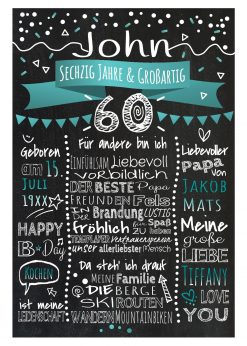Meilensteintafel Chalkboard 60. Geburtstag Geschenk Personalisiert Geburtstagstafel Frau Mann Türkis Klassik