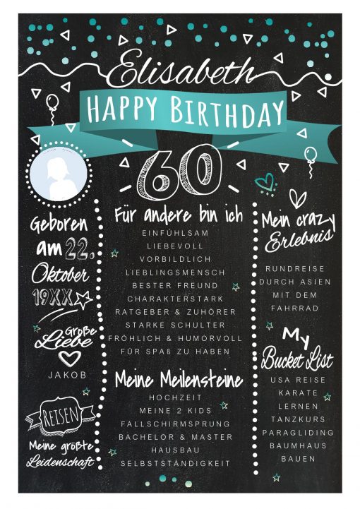 Meilensteintafel Chalkboards 60. Geburtstag Geschenk Personalisiert Happy Birthday Geburtstagstafel Türkis Mann Frau