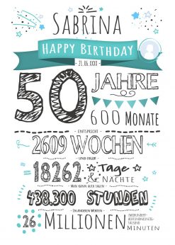 Meilensteintafel Geschenk 50. Geburtstag Personalisiert Frau Mann Geburtstagstafel Chalkboard Zahlenspaß Weiß
