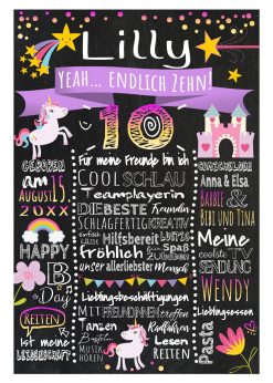 Meilensteintafel 10. Geburtstag Geschenk Personalisiert Einhorn Geburtstagstafel Mädchen Chalkboard