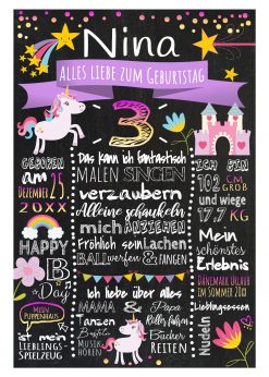 Meilensteintafel 3. Geburtstag Geschenk Personalisiert Einhorn Geburtstagstafel Mädchen Chalkboard Lila