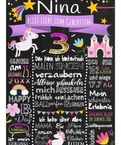 Meilensteintafel 3. Geburtstag Geschenk Personalisiert Einhorn Geburtstagstafel Mädchen Chalkboard Lila