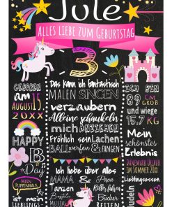 Meilensteintafel 3. Geburtstag Geschenk Personalisiert Einhorn Geburtstagstafel Mädchen Chalkboard Pink