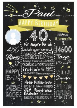 Meilensteintafel 40. Geburtstag Geschenk Personalisiert Mann Frau Chalkboard Geburtstagsfreude Gelb