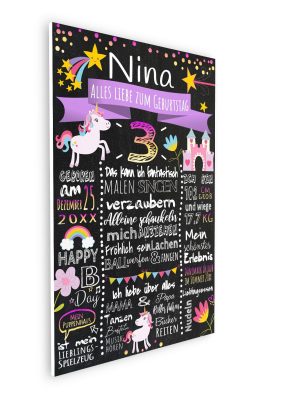 Meilensteintafel 3. Geburtstag Geschenk Personalisiert Einhorn Geburtstagstafel Mädchen Chalkboard Lila 3d3