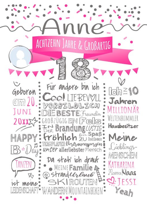 Meilensteintafel Chalkboard 18. Geburtstag Geschenk Personalisiert Geburtstagstafel Frau Mann Pink Klassik White Foto