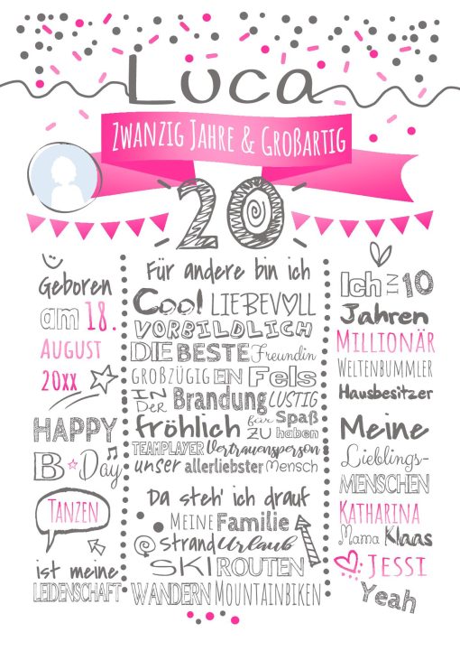 Meilensteintafel Chalkboard 20. Geburtstag Geschenk Personalisiert Geburtstagstafel Frau Mann Pink Klassik White Foto