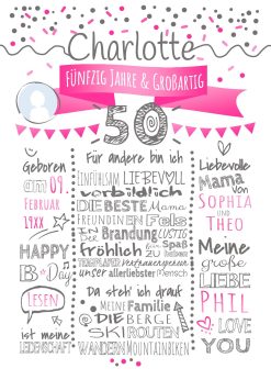 Meilensteintafel Chalkboard 50. Geburtstag Geschenk Personalisiert Geburtstagstafel Frau Mann Pink Klassik White Foto