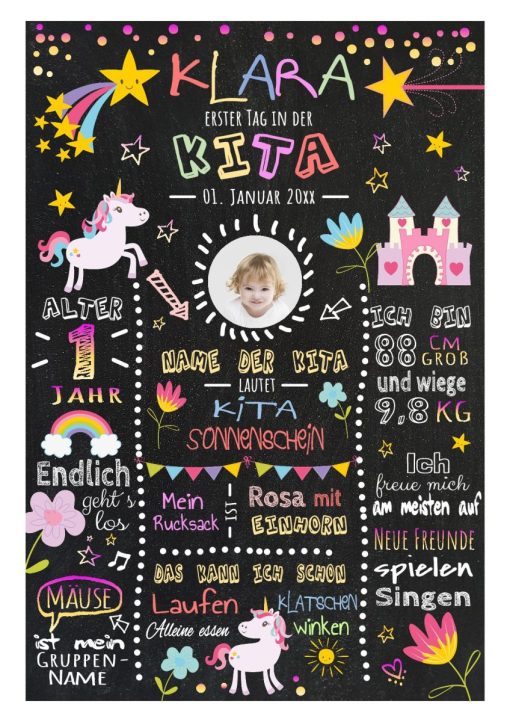 Meilensteintafel Geschenk Zum Kitastart Einhorn Mädchen Personalisiert Chalkboard Pink Rosa 1