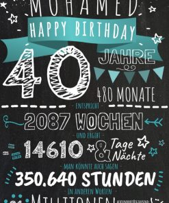 Meilensteintafel Chalkboard Geschenk 40. Geburtstag In Zahlen Kreidetafel Mann Frau Personalisiert