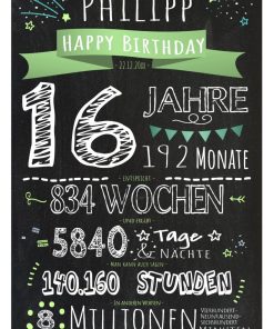 Meilensteintafel Geschenk 16. Geburtstag Personalisiert Junge Mädchen Geburtstagstafel Chalkboard Zahlenspaß Grün