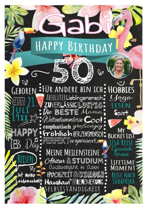 Meilensteintafel 50. Geburtstag Geschenk Personalisiert Frau Freundin Geburtstagstafel Flamingo Tropical Summer Chalk