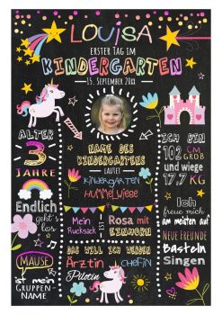 Meilensteintafel Geschenk Zum Kindergartenstart Einhorn Mädchen Personalisiert Chalkboard Pink Rosa