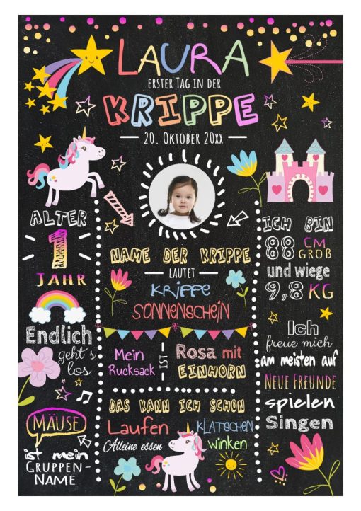 Meilensteintafel Geschenk Zum Krippenstart Einhorn Mädchen Personalisiert Chalkboard Pink Rosa