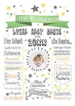 Meilensteintafel Geschenk Für Tagesmütter Erzieherin Kindergärtnerin Weihnachten Personalisiert Danke Grün
