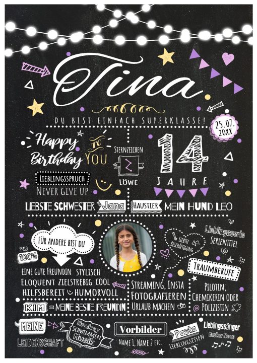 Meilensteintafel Chalkboard Geschenk 14. Geburtstag Personalisiert Chalk O Classic Geburtstagstafel Mädchen Teenager Frau