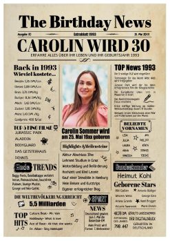 Meilensteintafel Geburtstags Zeitung 30. Geburtstag 1993 Geschenk Jahrgangsposter Magazin Personalisiert Frau