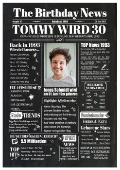Meilensteintafel Geburtstags Zeitung 30. Geburtstag 1993 Geschenk Jahrgangsposter Magazin Personalisiert Frau Mann Chalk