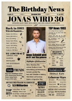 Meilensteintafel Geburtstags Zeitung 30. Geburtstag 1993 Geschenk Jahrgangsposter Magazin Personalisiert Mann