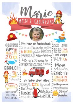 Meilensteintafel 2., 3. Geburtstag Geschenk Personalisiert Feuerwehr Geburtstagstafel Mädchen