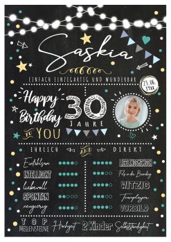 Meilensteintafel 30. Geburtstag Geschenk Personalisiert Chalkboard Frau Mann Geburtstagsposter Rating Star