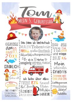 Meilensteintafel 4., 5., 6. Geburtstag Geschenk Personalisiert Feuerwehr Geburtstagstafel Junge