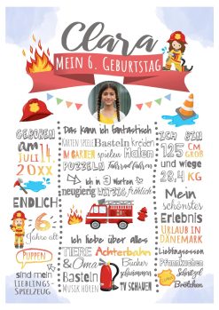 Meilensteintafel 4., 5., 6. Geburtstag Geschenk Personalisiert Feuerwehr Geburtstagstafel Mädchen 1