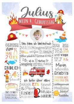Meilensteintafel 4., 5., 6. Geburtstag Geschenk Personalisiert Feuerwehr Geburtstagstafel Mädchen Junge