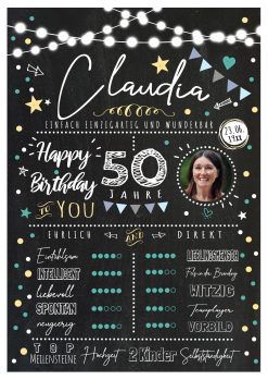 Meilensteintafel 50. Geburtstag Geschenk Personalisiert Chalkboard Frau Geburtstagsposter Rating Star