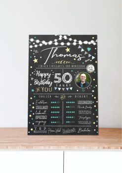 Meilensteintafel 50. Geburtstag Geschenk Personalisiert Chalkboard Mann Frau Geburtstagsposter Rating Star06