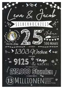 Meilensteintafel Chalkboard Geschenk 25. Hochzeitstag Silberhochzeit Personalisiert Retro Lights