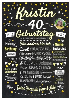 Meilensteintafel Chalkboard Geschenk 40. Geburtstag Personalisiert Geburtstagstafel Frau Mann Klassik Gold Foto 2