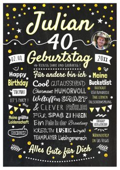 Meilensteintafel Chalkboard Geschenk 40. Geburtstag Personalisiert Geburtstagstafel Frau Mann Klassik Gold Foto
