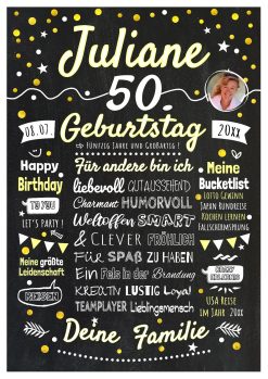 Meilensteintafel Chalkboard Geschenk 50. Geburtstag Personalisiert Geburtstagstafel Frau Mann Klassik Gold Foto 2