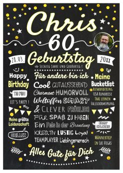 Meilensteintafel Chalkboard Geschenk 60. Geburtstag Personalisiert Geburtstagstafel Frau Mann Klassik Gold Foto