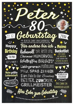 Meilensteintafel Chalkboard Geschenk 80. Geburtstag Personalisiert Geburtstagstafel Mann Klassik Gold Foto