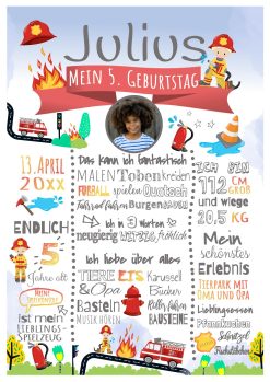 Meilensteintafel 2., 3., 4., 5., 6. Geburtstag Geschenk Personalisiert Action Feuerwehr Geburtstagstafel Junge Mädchen