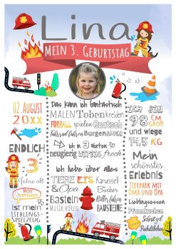 Meilensteintafel 2., 3., 4., 5., 6. Geburtstag Geschenk Personalisiert Action Feuerwehr Geburtstagstafel Mädchen Junge