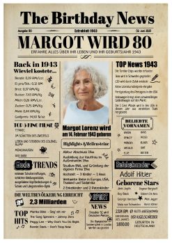 Meilensteintafel Geburtstags Zeitung 80. Geburtstag 1943 Geschenk Jahrgangsposter Magazin Personalisiert Frau Klassik