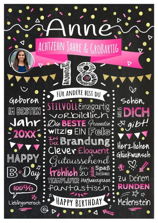 Meilensteintafel Chalkboard 18. Geburtstag Geschenk Personalisiert Geburtstagstafel Frau Mann Gold Pink Foto Klassik