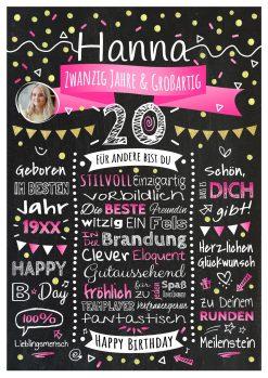 Meilensteintafel Chalkboard 20. Geburtstag Geschenk Personalisiert Geburtstagstafel Frau Mann Gold Pink Foto Klassik