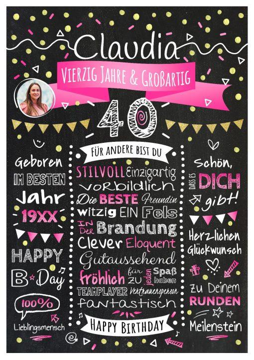 Meilensteintafel Chalkboard 40. Geburtstag Geschenk Personalisiert Geburtstagstafel Frau Mann Gold Pink Foto Klassik