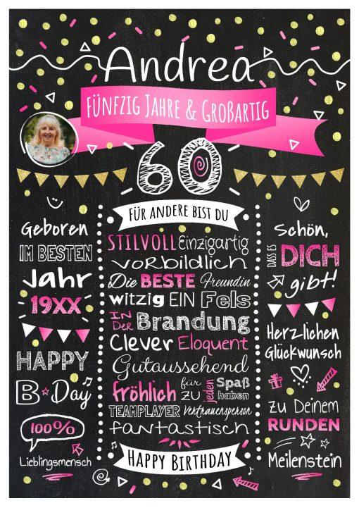 Meilensteintafel Chalkboard 60. Geburtstag Geschenk Personalisiert Geburtstagstafel Frau Mann Gold Pink Foto Klassik