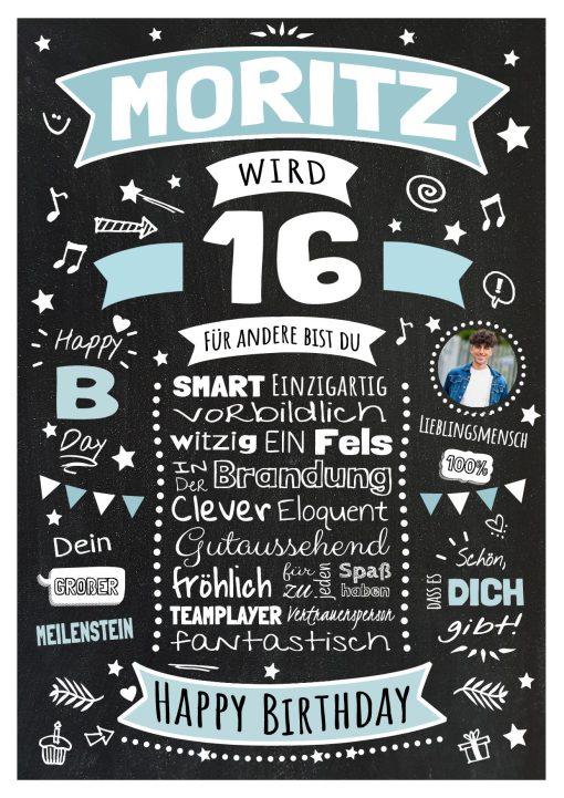 Meilensteintafel Chalkboard Geschenk 16. Geburtstag Personalisiert Geburtstagsposter Teenager Mädchen Junge Retro Classic Blau